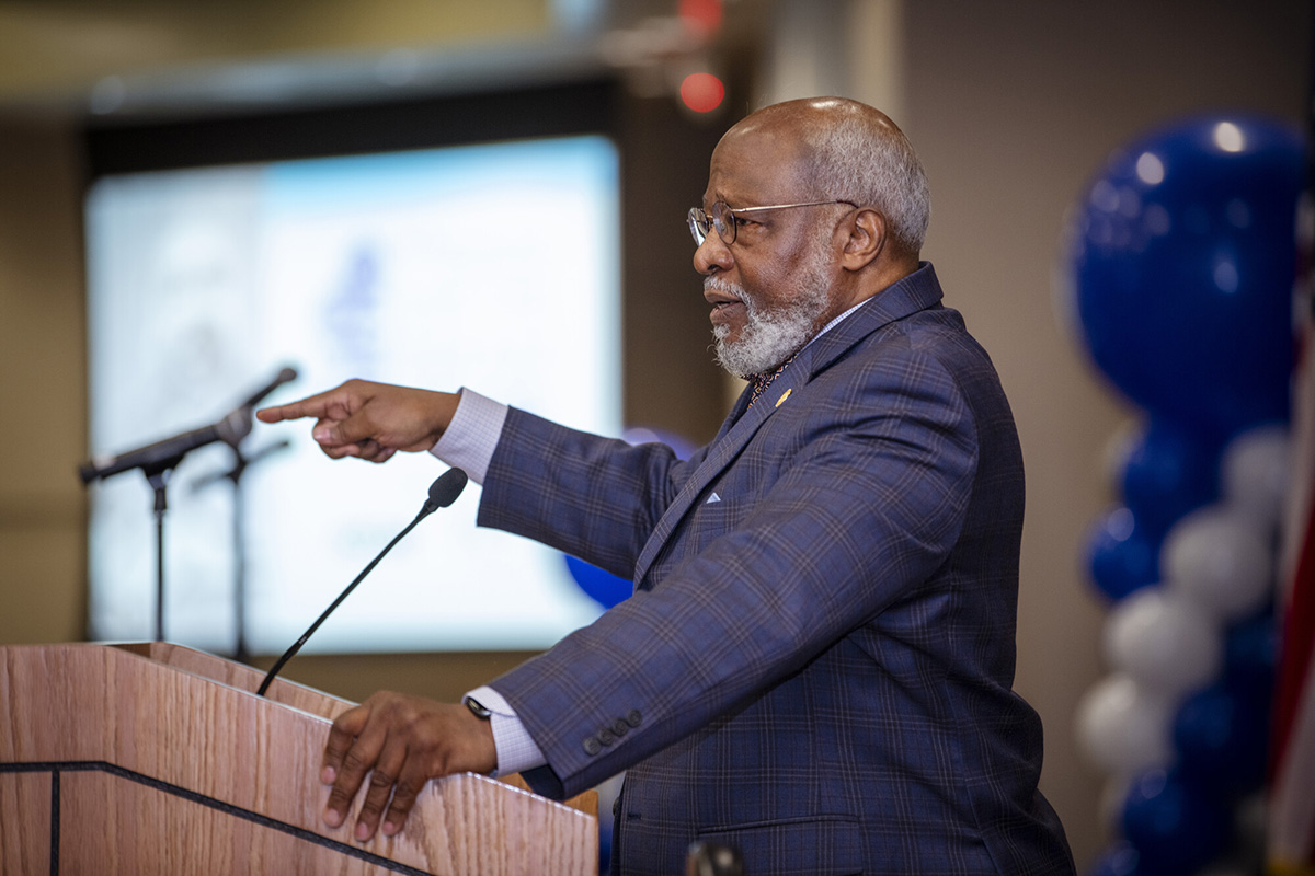 Dale Hawkins Long addresses the crowd at the Dr. Martin Luther King Jr. Power Leadership Breakfast as its keynote speaker. Long is a longtime volunteer and survivor of the 16th Street Baptist Church bombing in Birmingham, Alabama, in 1963.