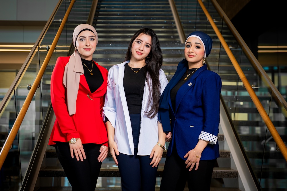 The Hamza sisters all three have pursued the Bachelor of Applied Technology in Cybersecurity at Collin College. From left to right: Hawraa Hamza, Baneen Hamza, and Zahraa Hamza