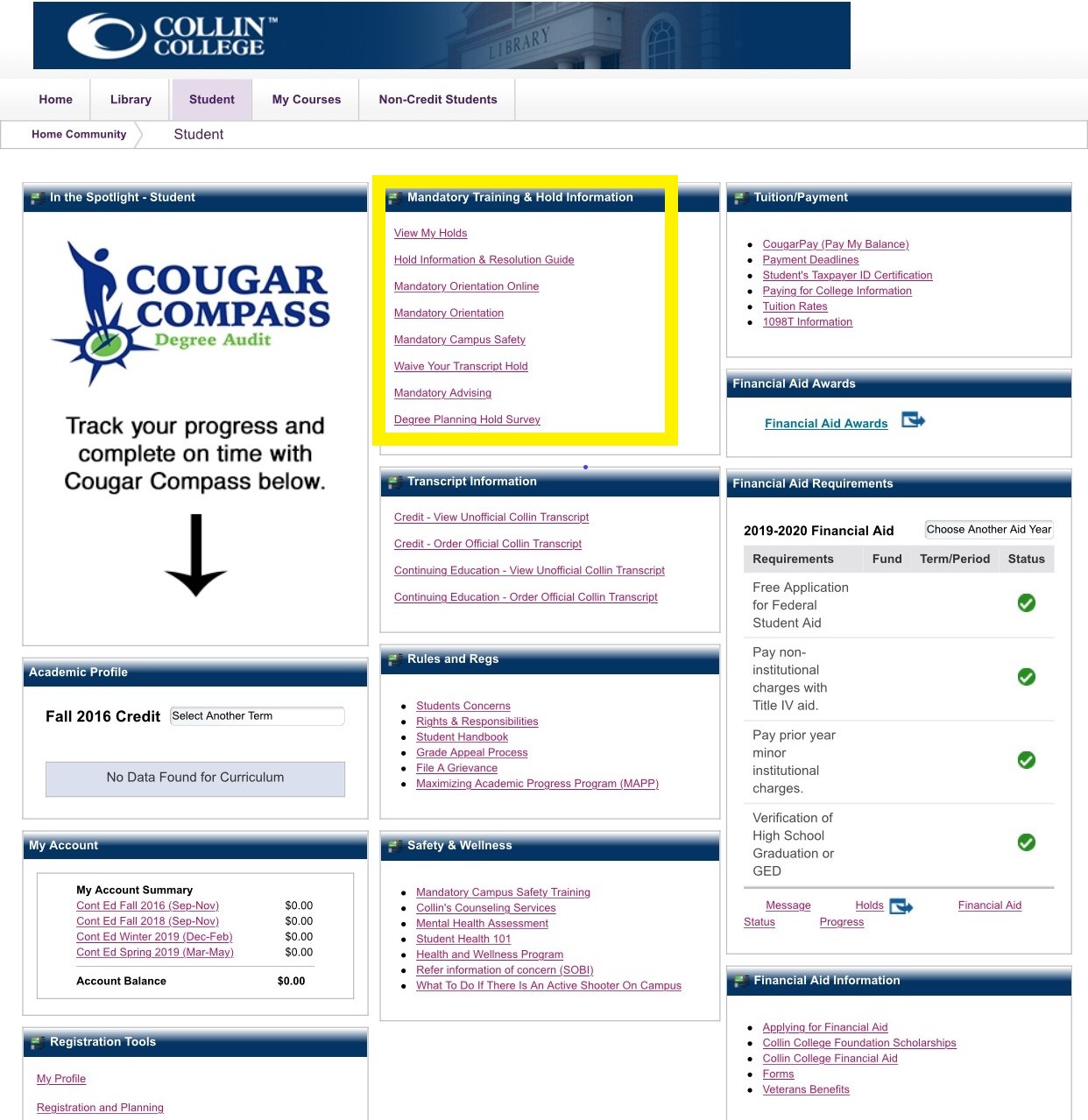 Cougarweb view of online orientation