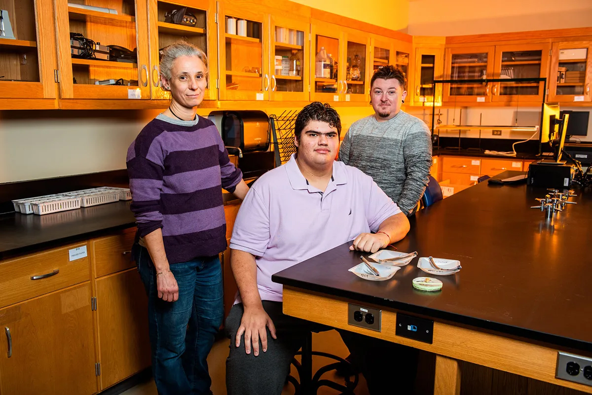 An experiment designed by Collin College students Stefano Sacripanti (seated) and Henry Elmendorf (left) with guidance by Dr. Tamara Basham has been selected to travel to the International Space Station in 2023.