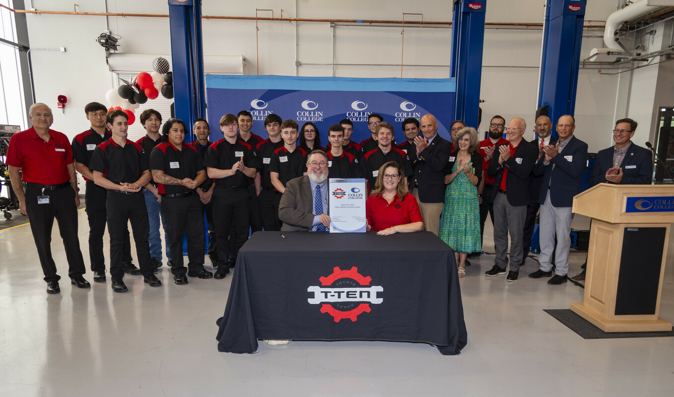 Collin College expands partnership with Toyota during Toyota Technician Education Network (T-TEN) program signing ceremony on Aug. 25 at the Collin College Technical Campus.    Seated: Collin College District President Dr. H. Neil Matkin and Toyota Quality Division General Manager Holly Dieterle  Back row, left to right: Collin College Director of Automotive and Collision Repair Elias Alba, Collin College T-TEN students, T-TEN Instructor Jeff Bash, T-TEN Program Coordinator Sean Boyll, and Rep. Matt Sheen   Front row, left to right: Collin College T-TEN students, Congressman Keith Self, Collin College Board of Trustee Cathie Alexander, Toyota Vice President Kent Rice, Collin College Board of Trustee Vice Chair Jay Saad, and Collin College Technical Campus Provost Dr. Brenden Mesch.