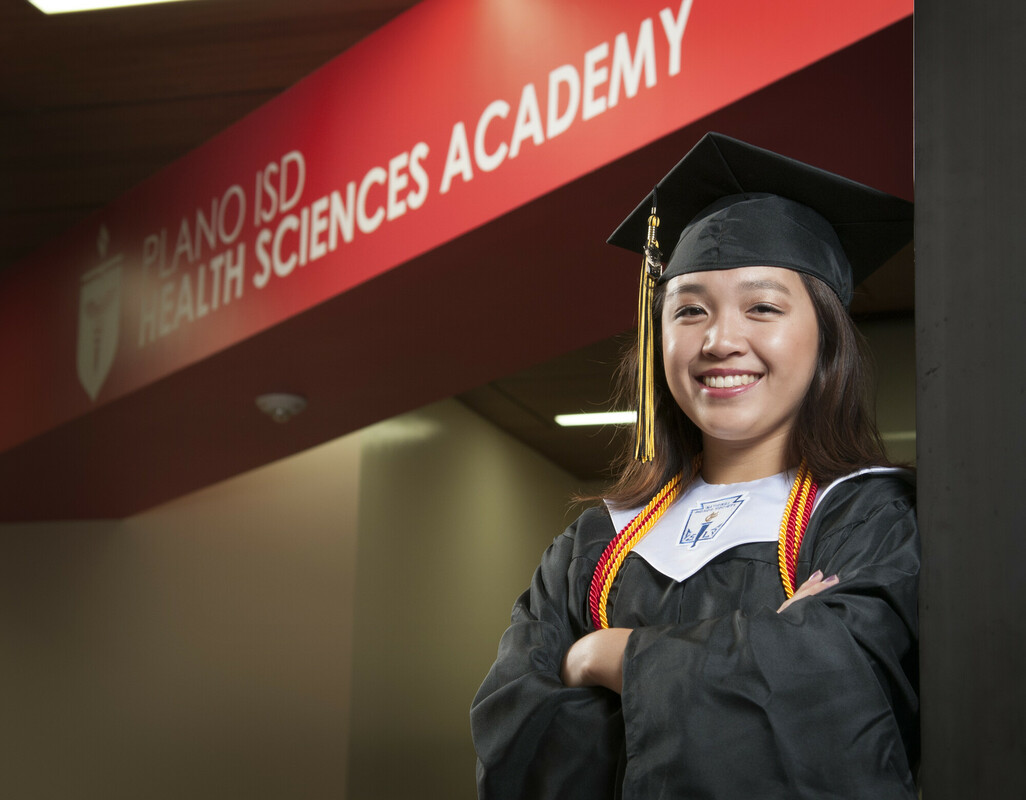 Mary Nguyen, a Collin College graduate, is pictured in her commencement regalia. She was a graduate of the Collin College Dual Credit program at Plano ISD. 