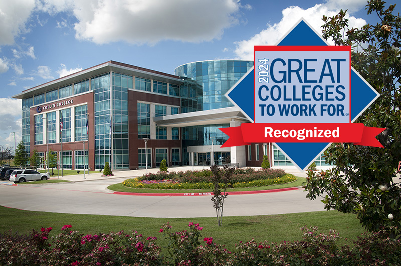 Exterior of the Collin Higher Education Center with Great Colleges to Work For logo on the right side of the photo