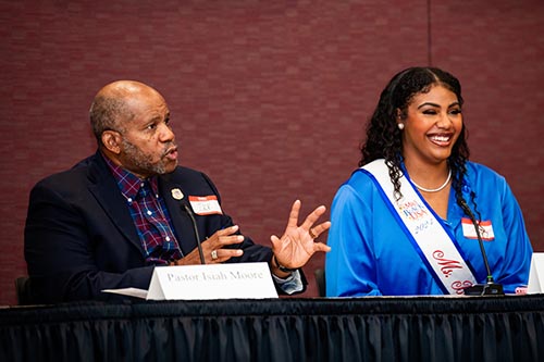 Pastor Isiah Moor and Jada Brown discuss mental health along with Kendra Gay (not pictured) during a panel presentation at the Dr. Martin Luther King Jr. Power Leadership Breakfast on Jan. 18.  