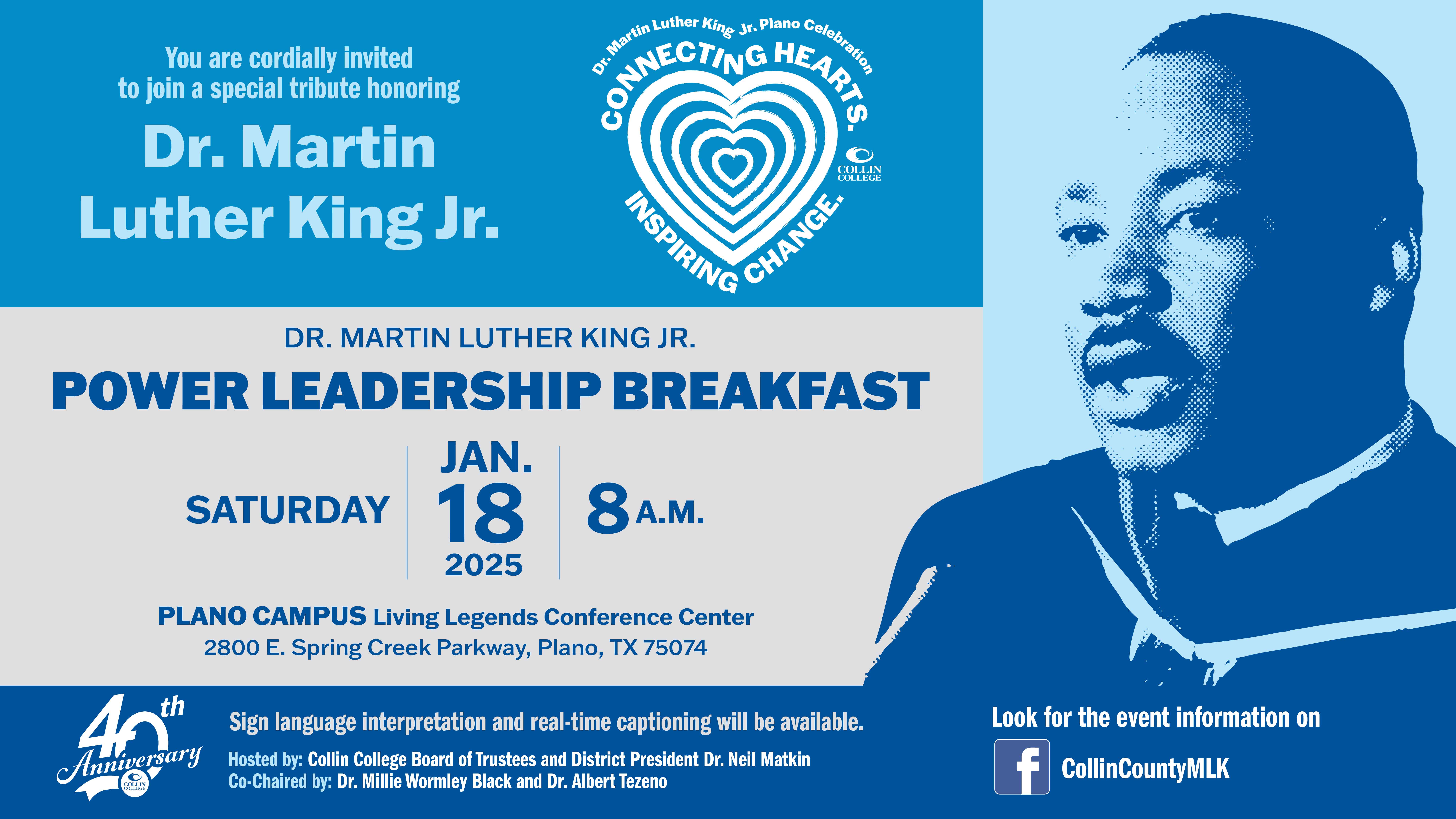 Graphic with an image of Dr. Martin Luther King Jr. and the time, date, and place of the upcoming Power Leadership Breakfast