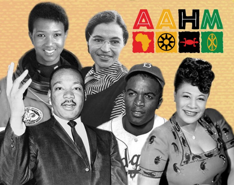 Well-known African Americans including astronaut Mae Jemison, Dr. Martin Luther King Jr., Rosa Parks, Jackie Robinson, and Ella Fitzgerald are featured on a background with AAHM for African American History Month.