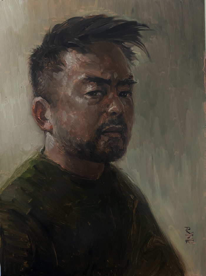 Rex Kare, Self Portrait at Sunset, oil on copper, 12"x9". 2022