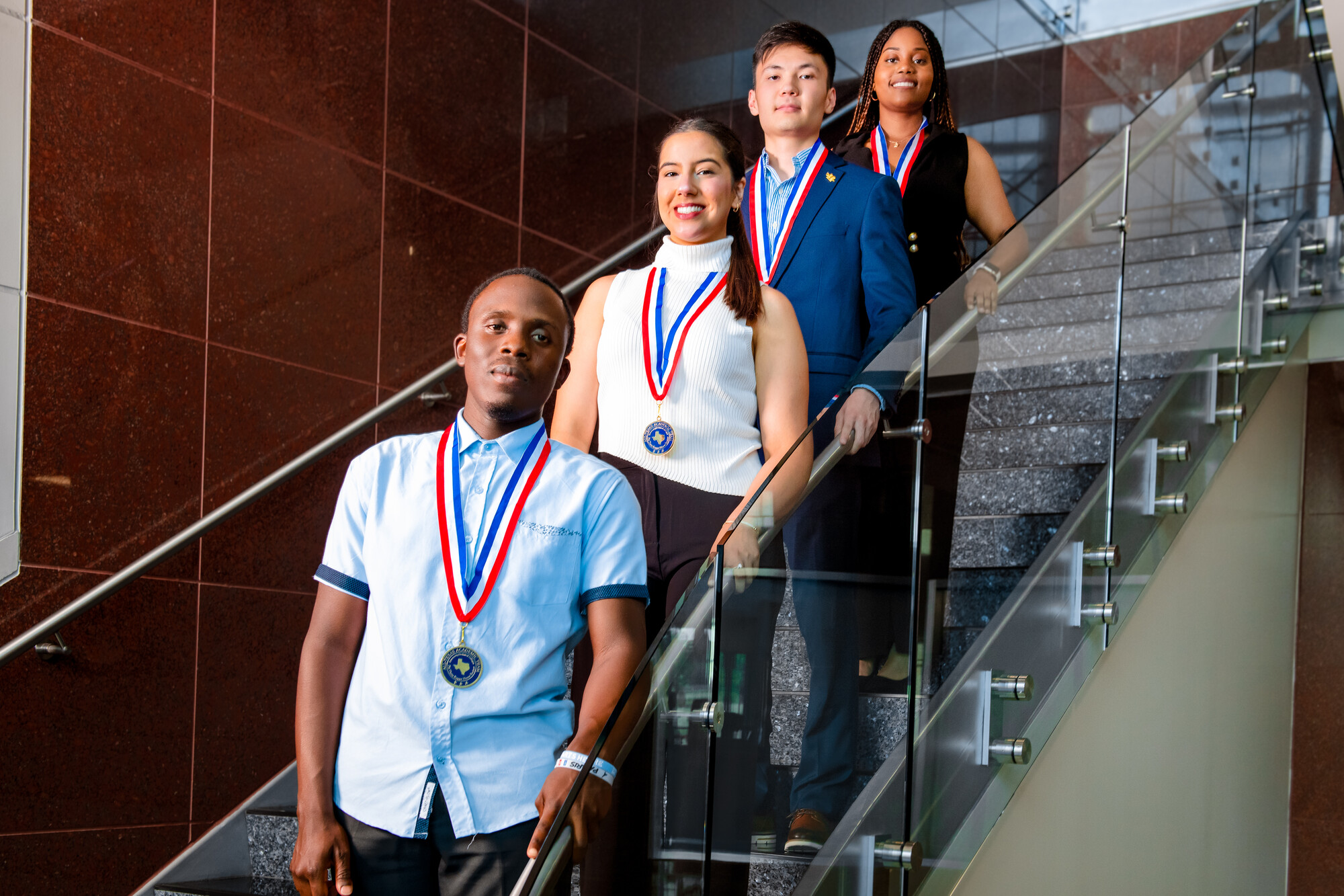 The Collin College students named to the All-Texas Academic Team are (ascending from left) Rodrigue Kammogne Choula, Gabriella Cisneros, Yerassyl Dauletbak, and Charlene Sunde. (Not pictured) Jonathan Hernandez and Jonah Weiler.